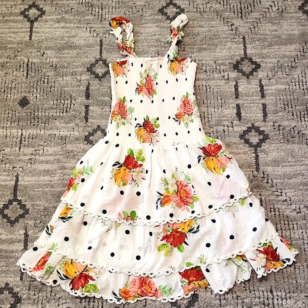 Farm Rio Dropped Waist, Tiered Bottom  Dress Wity Poka Dot And Floral Print